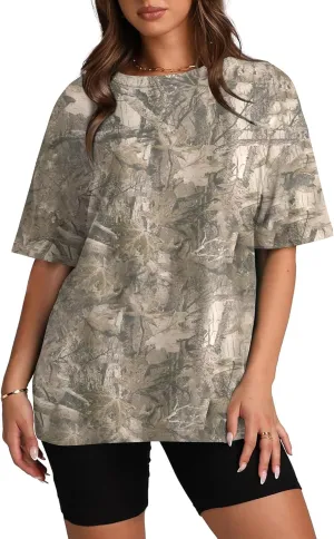 Women Camo Tee Shirt for Men Maple Leaf Print Oversized T Shirt Short Sleeve Summer Casual Tee Tops