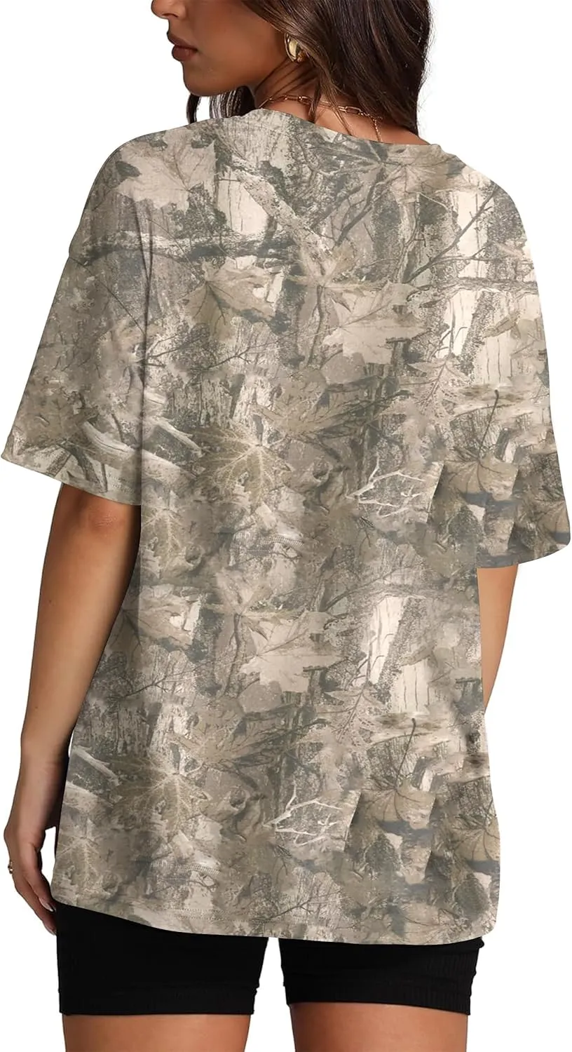 Women Camo Tee Shirt for Men Maple Leaf Print Oversized T Shirt Short Sleeve Summer Casual Tee Tops