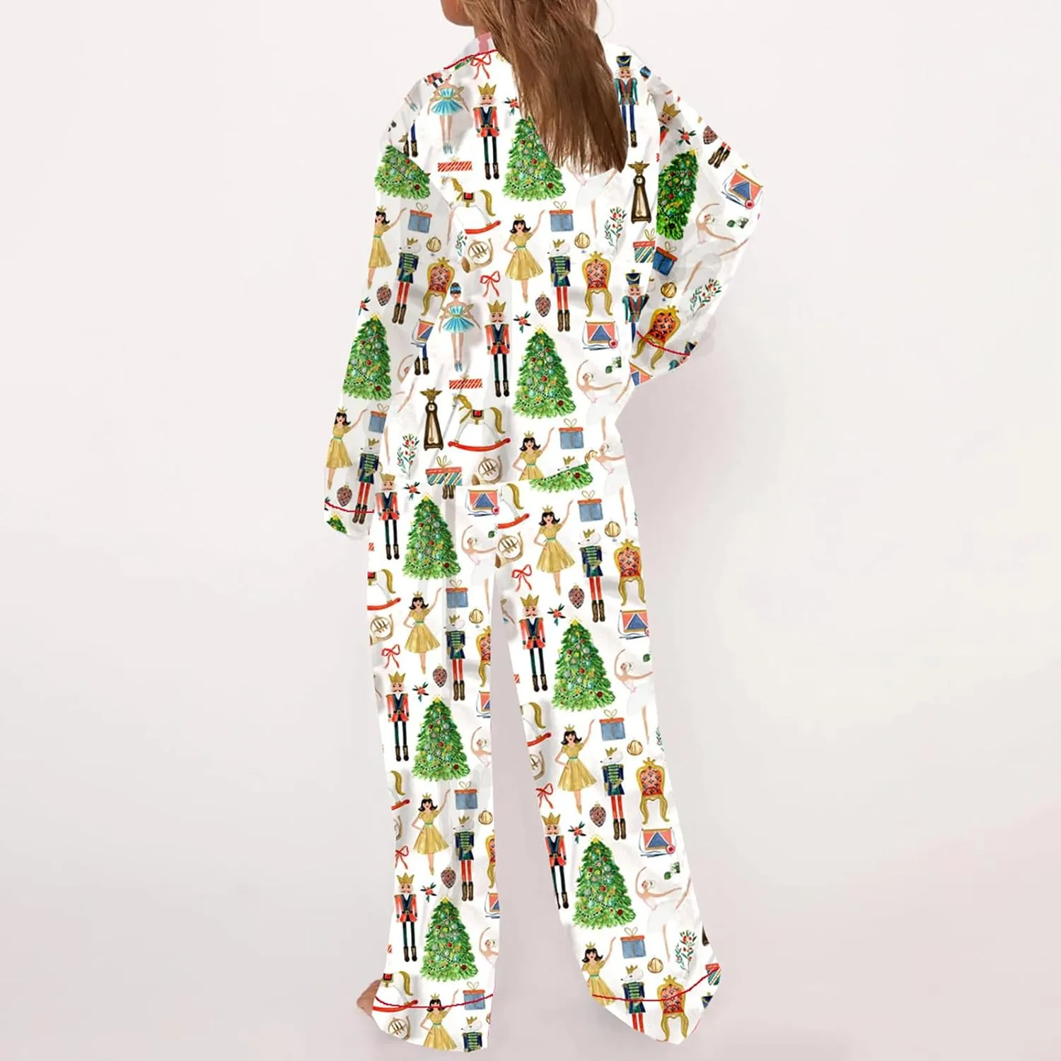 Women Christmas Pajama Set Satin Silk Y2k Nutcracker Long Sleeve Shirt and Wide Leg Pants Pj Sleepwear
