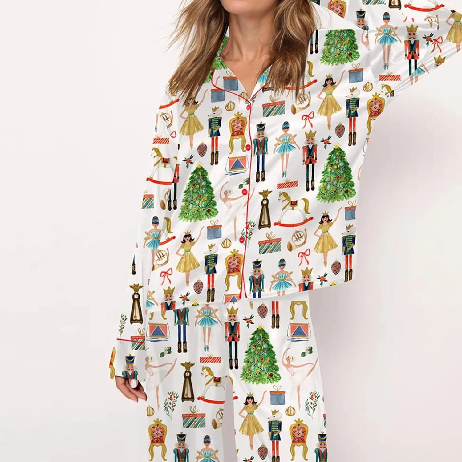 Women Christmas Pajama Set Satin Silk Y2k Nutcracker Long Sleeve Shirt and Wide Leg Pants Pj Sleepwear