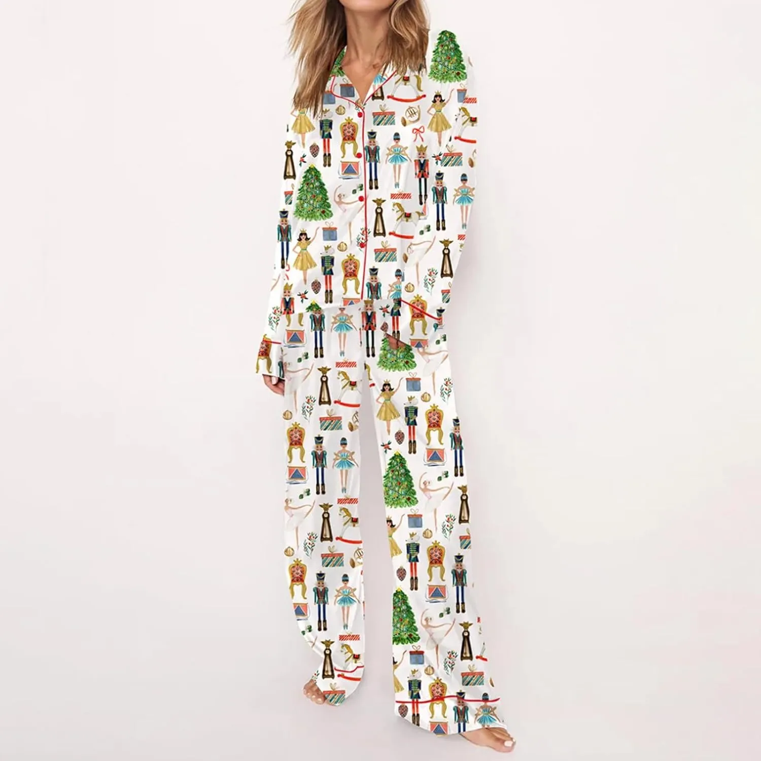 Women Christmas Pajama Set Satin Silk Y2k Nutcracker Long Sleeve Shirt and Wide Leg Pants Pj Sleepwear