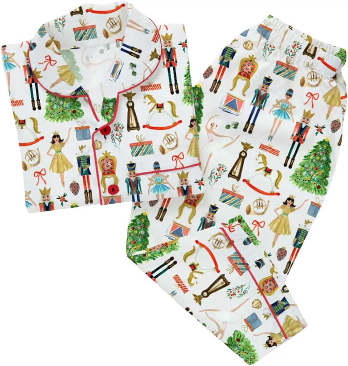 Women Christmas Pajama Set Satin Silk Y2k Nutcracker Long Sleeve Shirt and Wide Leg Pants Pj Sleepwear