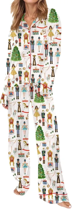 Women Christmas Pajama Set Satin Silk Y2k Nutcracker Long Sleeve Shirt and Wide Leg Pants Pj Sleepwear