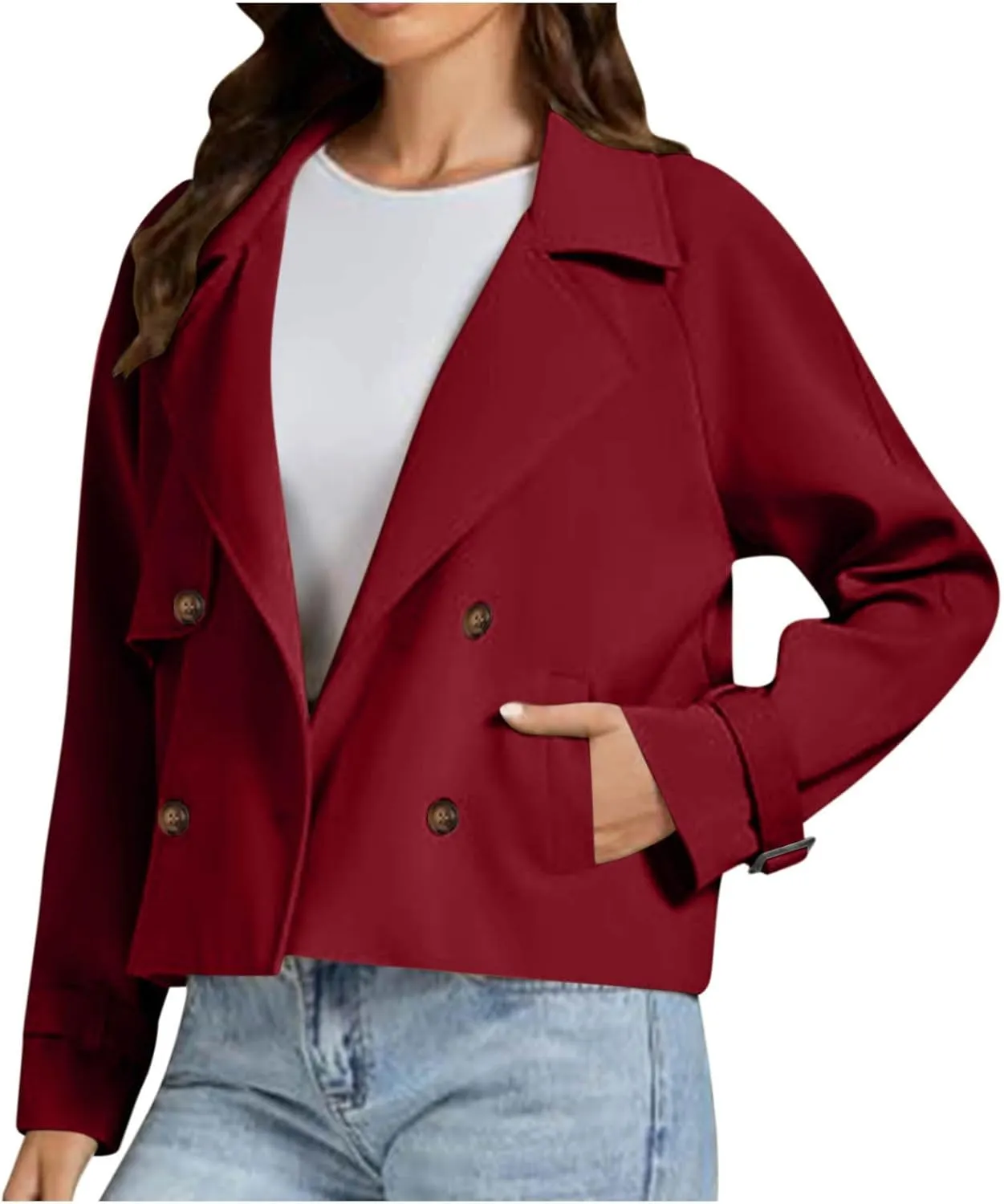 Women Crop Double Breasted Trench Coat Raglan Sleeve Work Office Cropped Jacket With Pockets Fashion Fall Jackets
