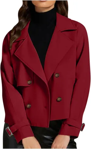 Women Crop Double Breasted Trench Coat Raglan Sleeve Work Office Cropped Jacket With Pockets Fashion Fall Jackets
