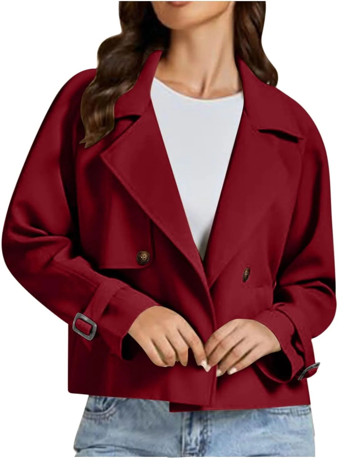 Women Crop Double Breasted Trench Coat Raglan Sleeve Work Office Cropped Jacket With Pockets Fashion Fall Jackets