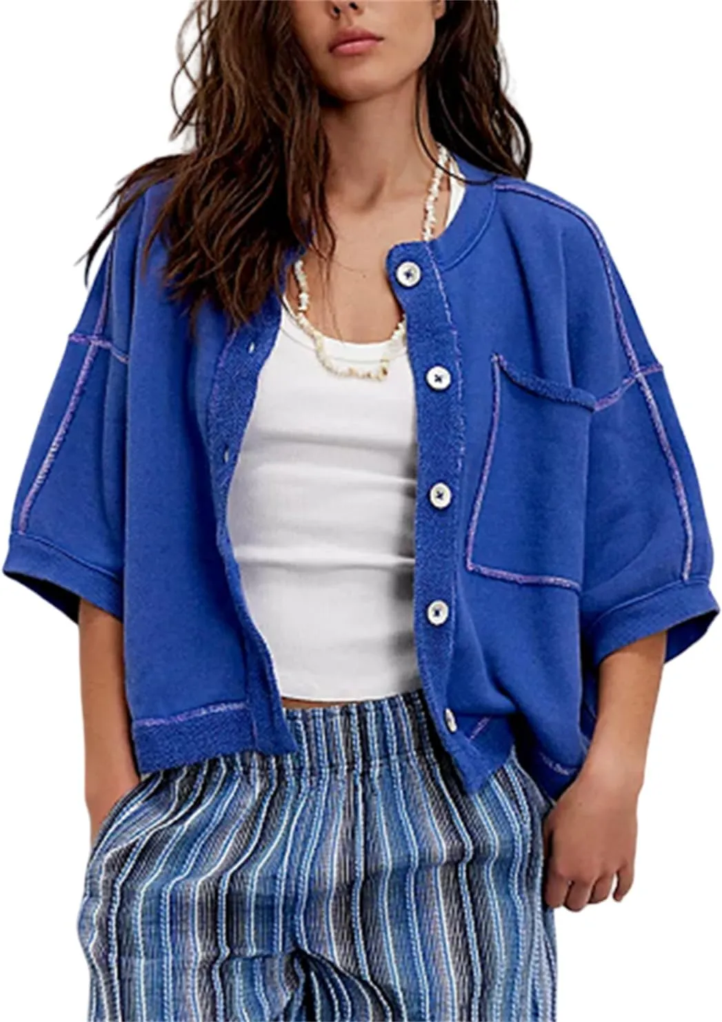 Women Cropped Cardigan T-Shirt Y2k Girls Casual Shirt Short Sleeve Button Down Open Front Loose Tee Crop Tops