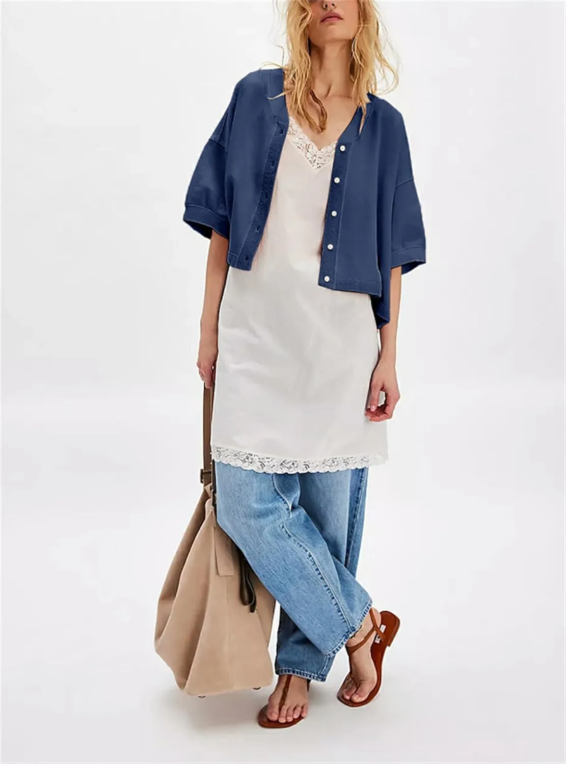 Women Cropped Cardigan T-Shirt Y2k Girls Casual Shirt Short Sleeve Button Down Open Front Loose Tee Crop Tops