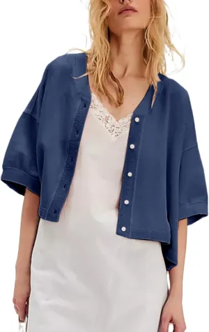 Women Cropped Cardigan T-Shirt Y2k Girls Casual Shirt Short Sleeve Button Down Open Front Loose Tee Crop Tops