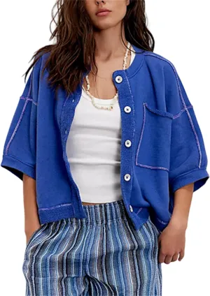 Women Cropped Cardigan T-Shirt Y2k Girls Casual Shirt Short Sleeve Button Down Open Front Loose Tee Crop Tops