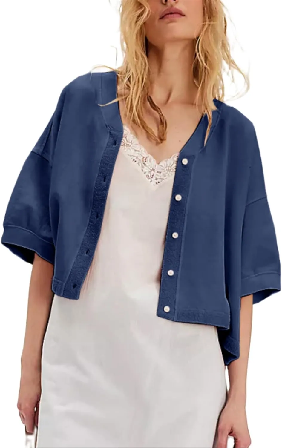 Women Cropped Cardigan T-Shirt Y2k Girls Casual Shirt Short Sleeve Button Down Open Front Loose Tee Crop Tops