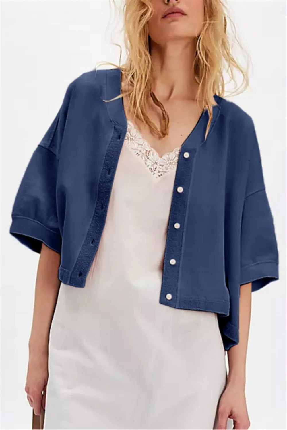 Women Cropped Cardigan T-Shirt Y2k Girls Casual Shirt Short Sleeve Button Down Open Front Loose Tee Crop Tops