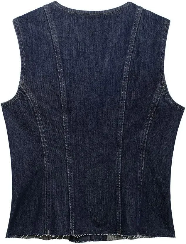 Women Denim Chic Single Breasted Tank Top O-Neck Sleeveless Classic Slim Waistcoat Vests