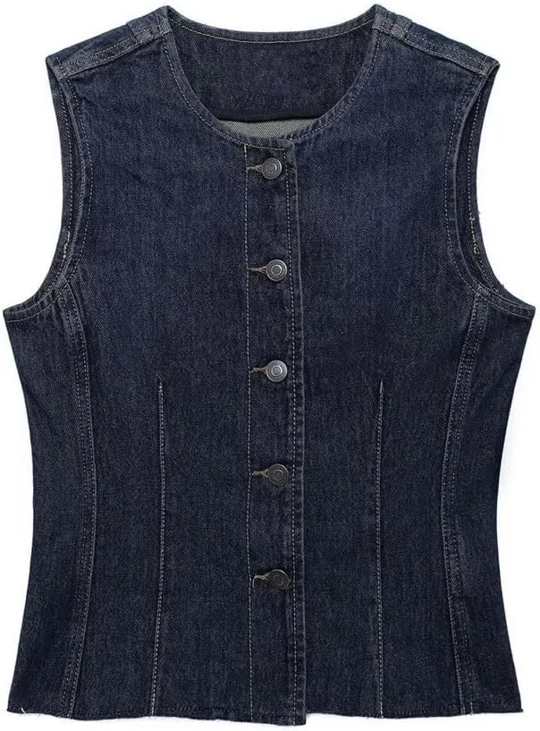 Women Denim Chic Single Breasted Tank Top O-Neck Sleeveless Classic Slim Waistcoat Vests