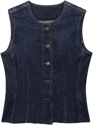 Women Denim Chic Single Breasted Tank Top O-Neck Sleeveless Classic Slim Waistcoat Vests