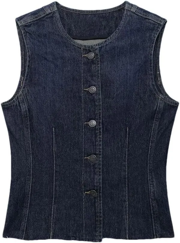 Women Denim Chic Single Breasted Tank Top O-Neck Sleeveless Classic Slim Waistcoat Vests