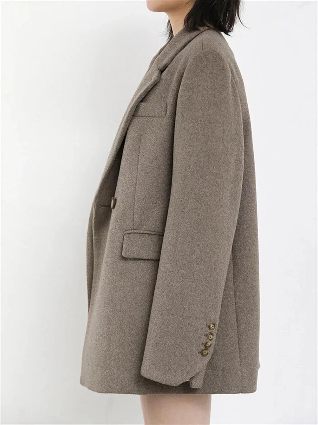 Women Fashion Winter Wool Blend Turn-Down Collar Mid-Length Single Button Blazer Woolen Overcoat