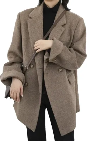 Women Fashion Winter Wool Blend Turn-Down Collar Mid-Length Single Button Blazer Woolen Overcoat