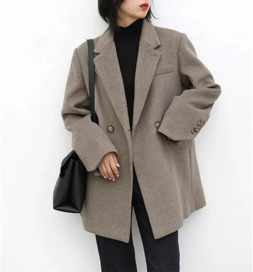 Women Fashion Winter Wool Blend Turn-Down Collar Mid-Length Single Button Blazer Woolen Overcoat