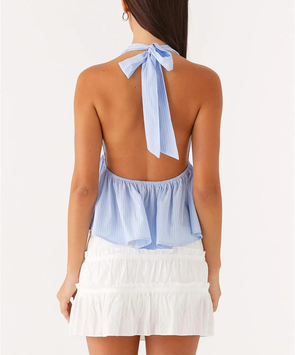 Women Floral Halter Deep V Neck Tank Top Y2K Ruffle Hem Tie Backless Wrap Crop Vest Sexy Bodycon Going Out Tops