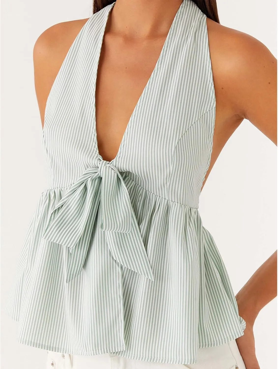 Women Floral Halter Deep V Neck Tank Top Y2K Ruffle Hem Tie Backless Wrap Crop Vest Sexy Bodycon Going Out Tops
