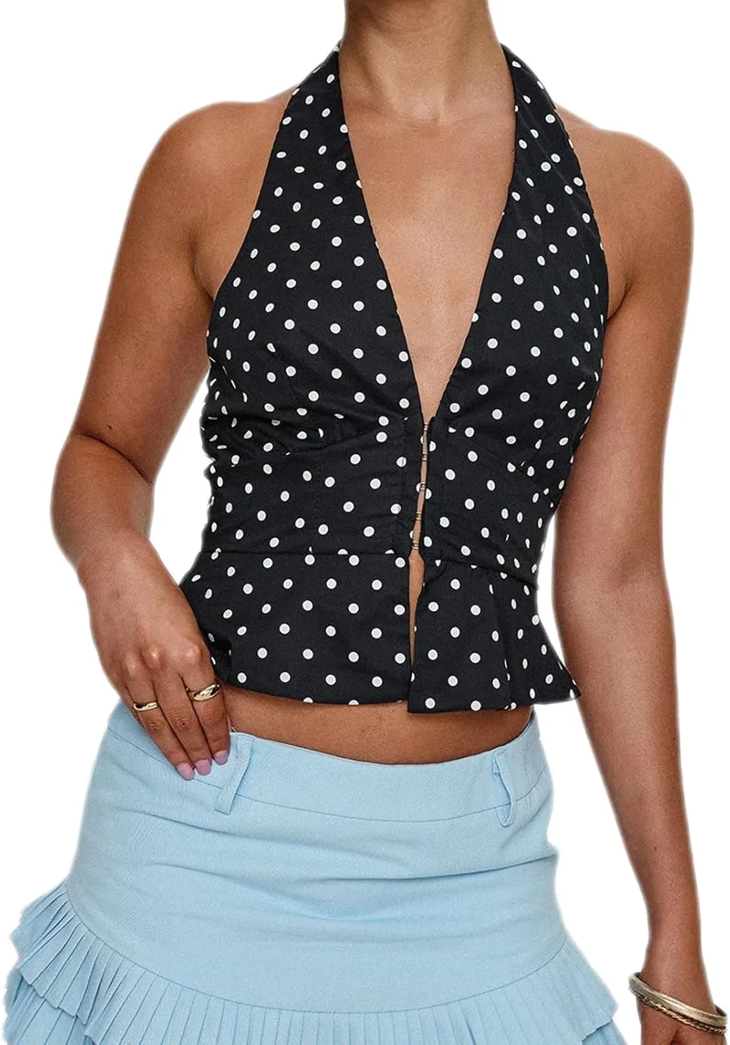 Women Floral Halter Deep V Neck Tank Top Y2K Ruffle Hem Tie Backless Wrap Crop Vest Sexy Bodycon Going Out Tops