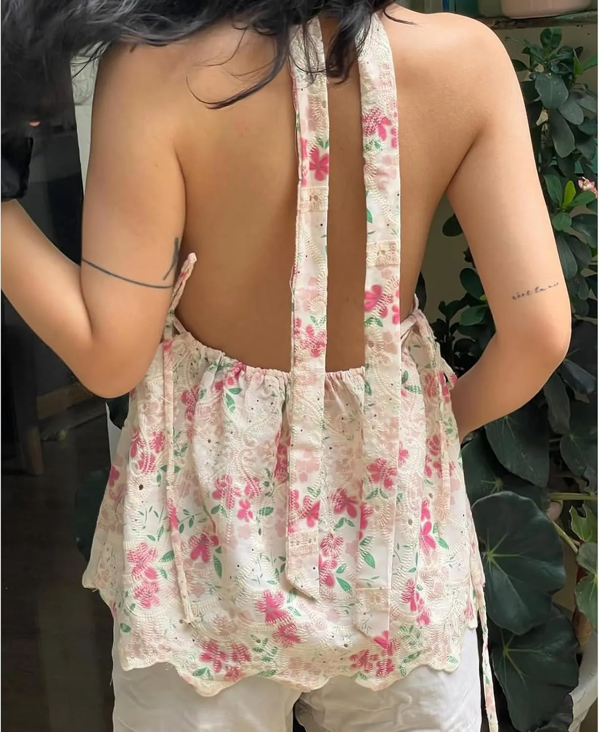 Women Floral Halter Deep V Neck Tank Top Y2K Ruffle Hem Tie Backless Wrap Crop Vest Sexy Bodycon Going Out Tops