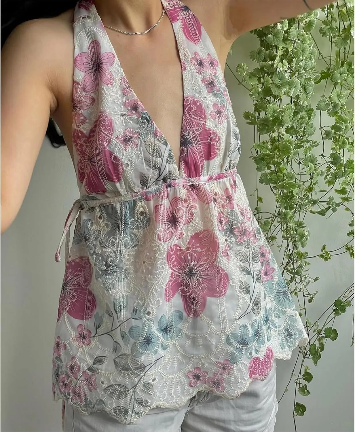 Women Floral Halter Deep V Neck Tank Top Y2K Ruffle Hem Tie Backless Wrap Crop Vest Sexy Bodycon Going Out Tops