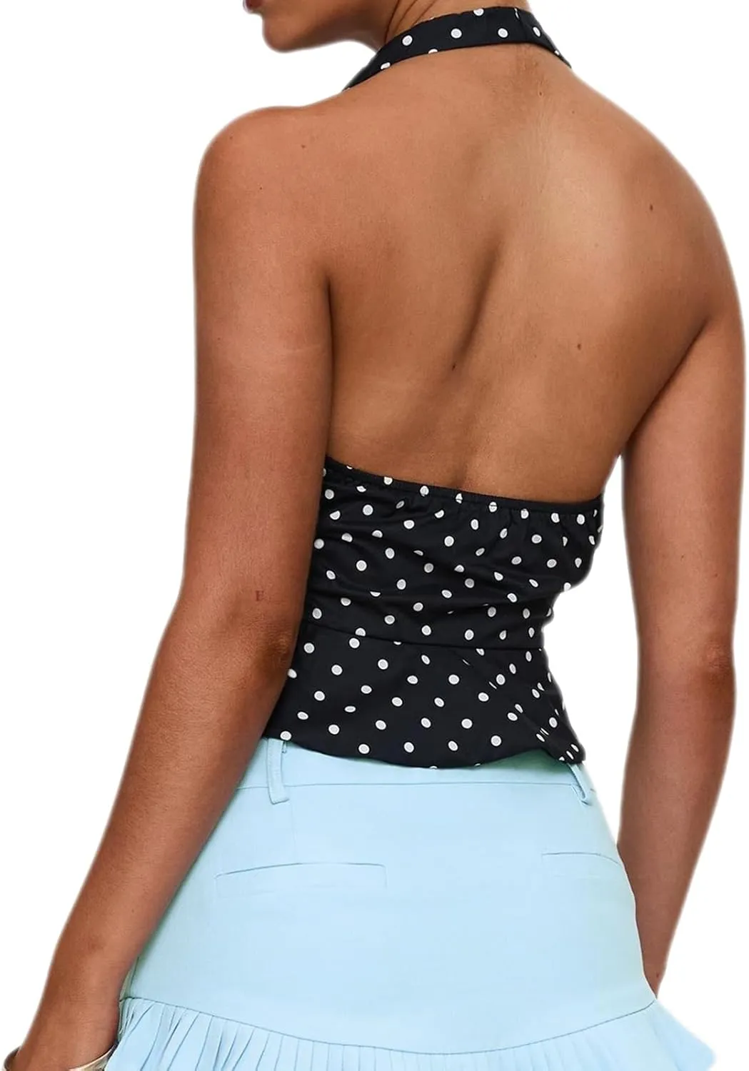 Women Floral Halter Deep V Neck Tank Top Y2K Ruffle Hem Tie Backless Wrap Crop Vest Sexy Bodycon Going Out Tops