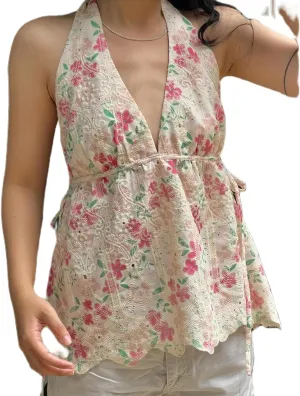 Women Floral Halter Deep V Neck Tank Top Y2K Ruffle Hem Tie Backless Wrap Crop Vest Sexy Bodycon Going Out Tops