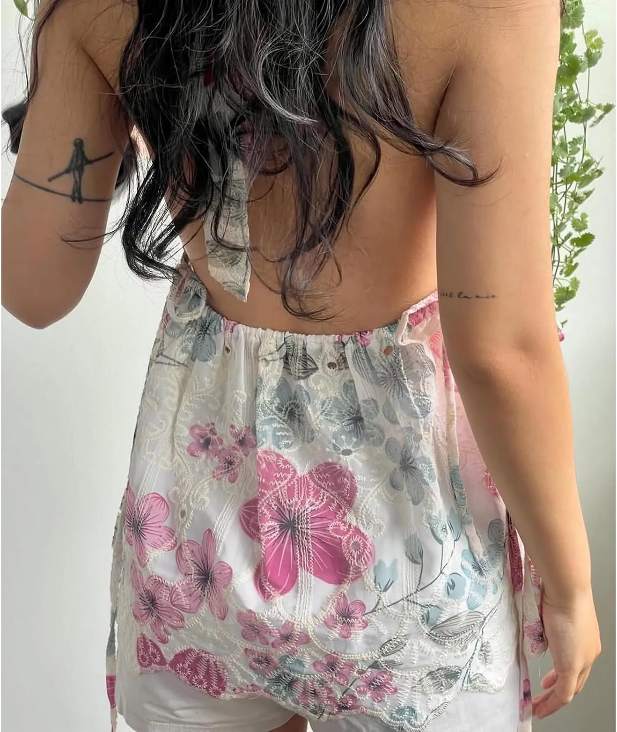 Women Floral Halter Deep V Neck Tank Top Y2K Ruffle Hem Tie Backless Wrap Crop Vest Sexy Bodycon Going Out Tops
