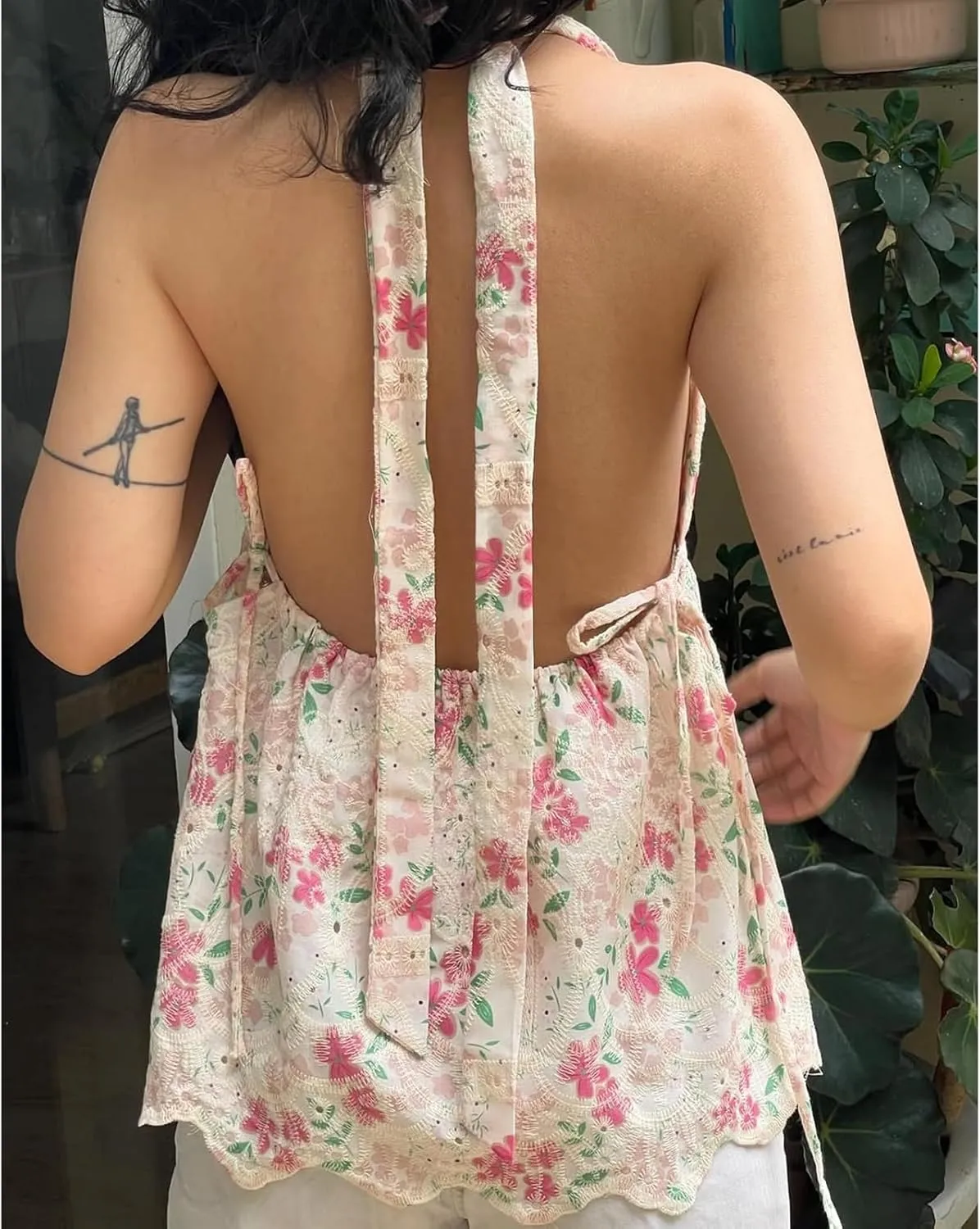 Women Floral Halter Deep V Neck Tank Top Y2K Ruffle Hem Tie Backless Wrap Crop Vest Sexy Bodycon Going Out Tops