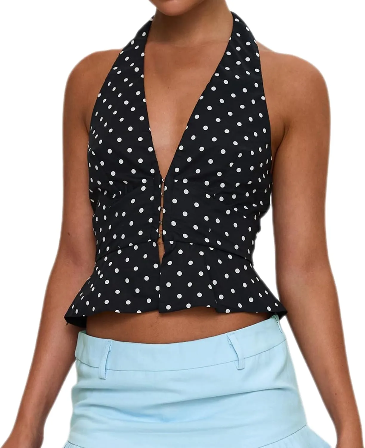Women Floral Halter Deep V Neck Tank Top Y2K Ruffle Hem Tie Backless Wrap Crop Vest Sexy Bodycon Going Out Tops