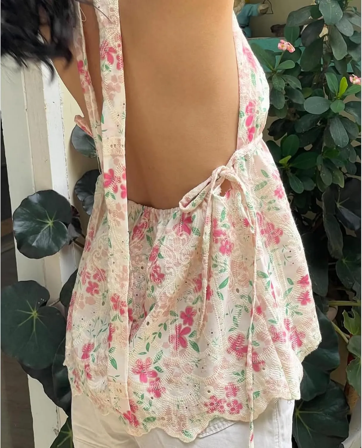 Women Floral Halter Deep V Neck Tank Top Y2K Ruffle Hem Tie Backless Wrap Crop Vest Sexy Bodycon Going Out Tops