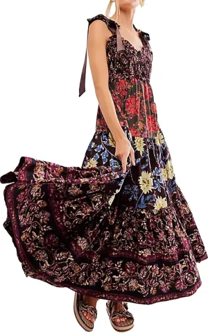 Women Floral Maxi Dress Sleeveless Tie Shoulder Bohemian Flowy Smocked Casual Dresses Summer Sundress with Pockets