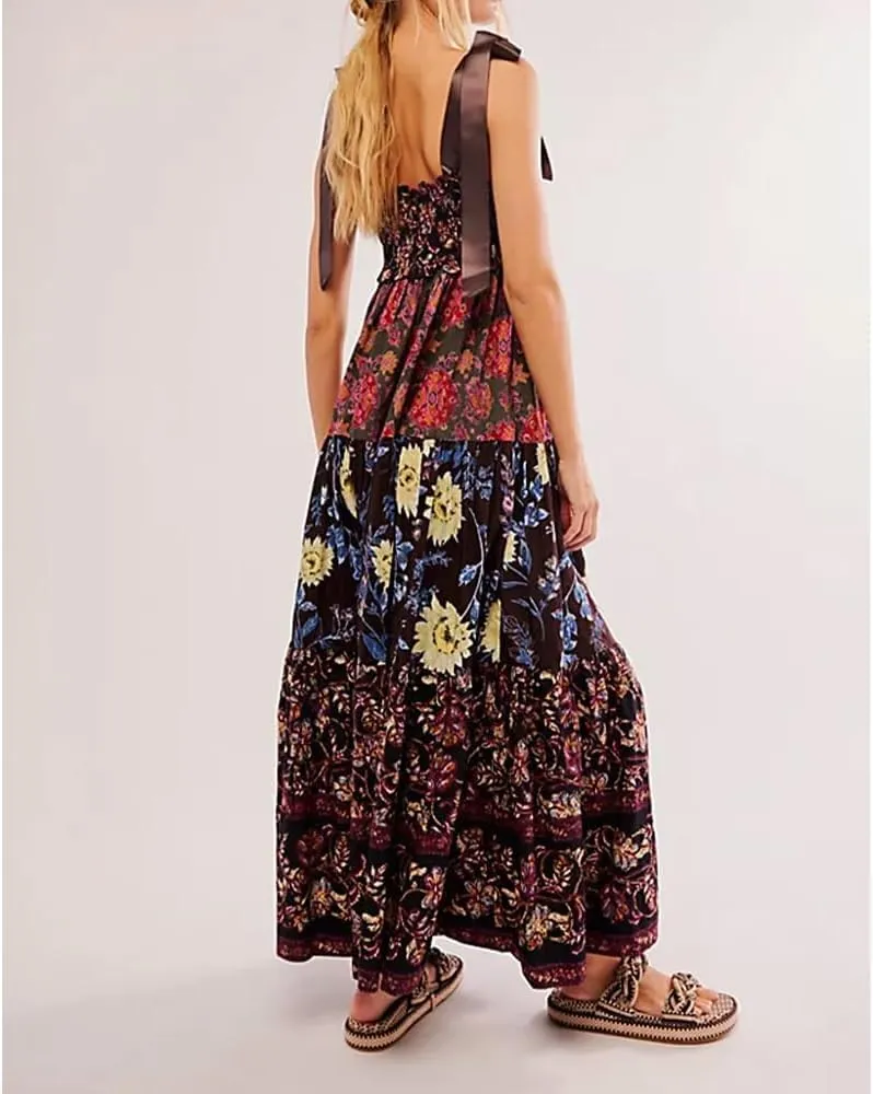 Women Floral Maxi Dress Sleeveless Tie Shoulder Bohemian Flowy Smocked Casual Dresses Summer Sundress with Pockets