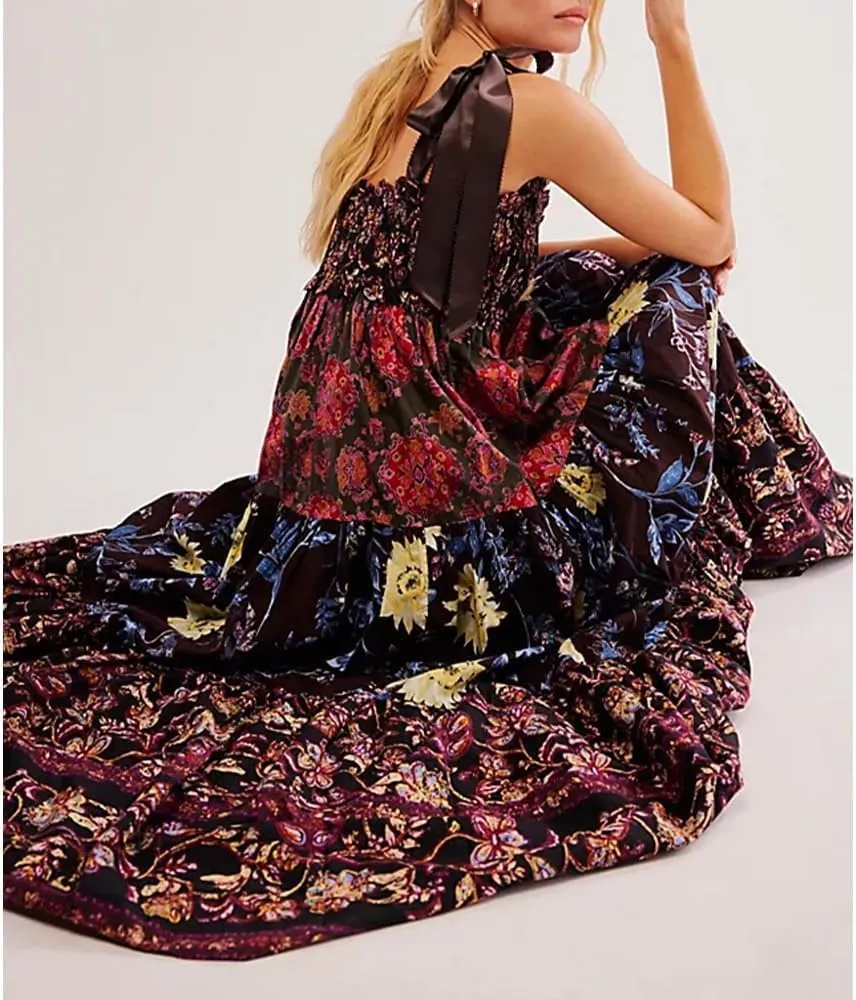 Women Floral Maxi Dress Sleeveless Tie Shoulder Bohemian Flowy Smocked Casual Dresses Summer Sundress with Pockets