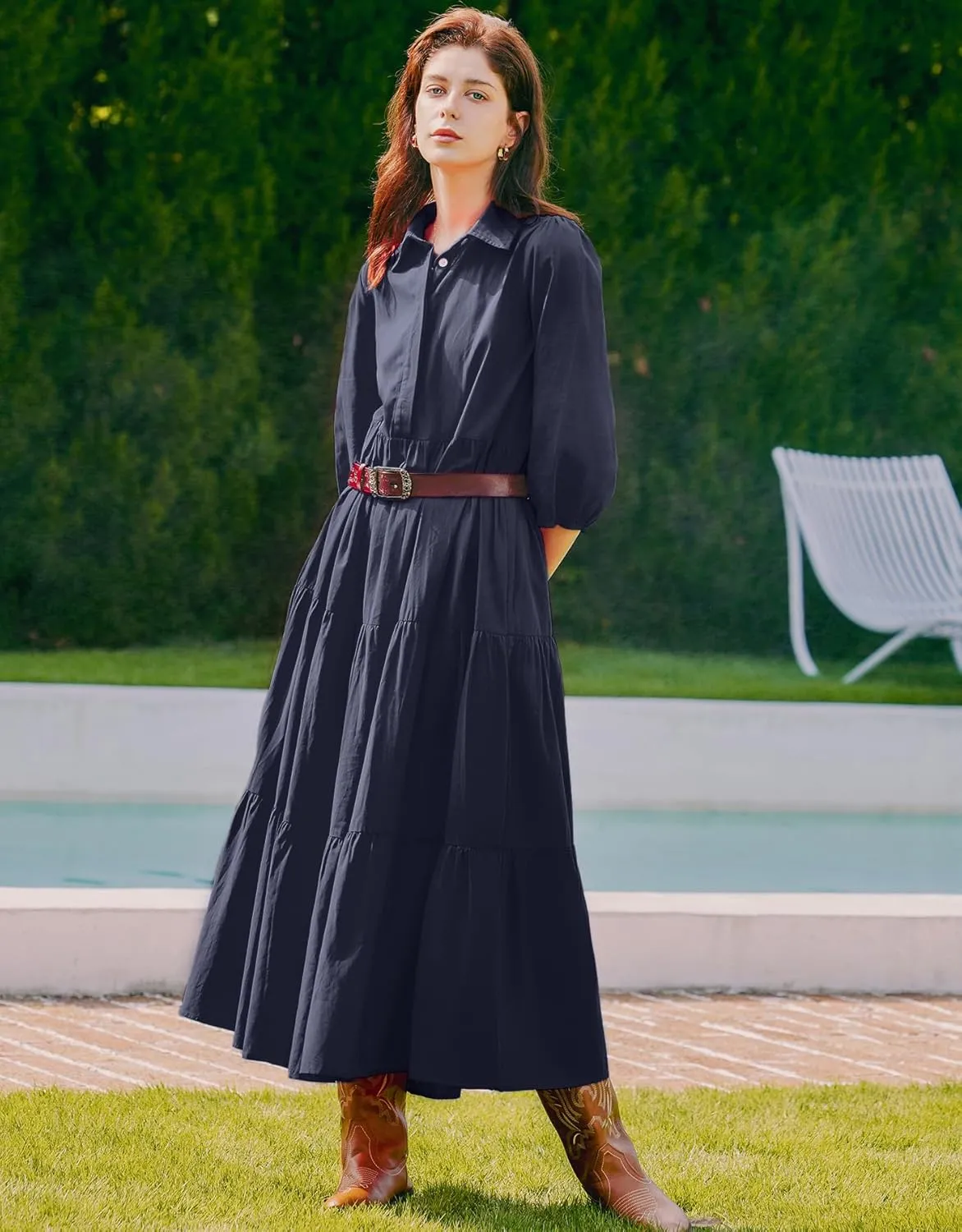 Women Flowy Maxi Shirt Dress Casual Button Down V Neck Ruffled Beach Long Dresses with Pockets