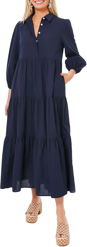 Women Flowy Maxi Shirt Dress Casual Button Down V Neck Ruffled Beach Long Dresses with Pockets