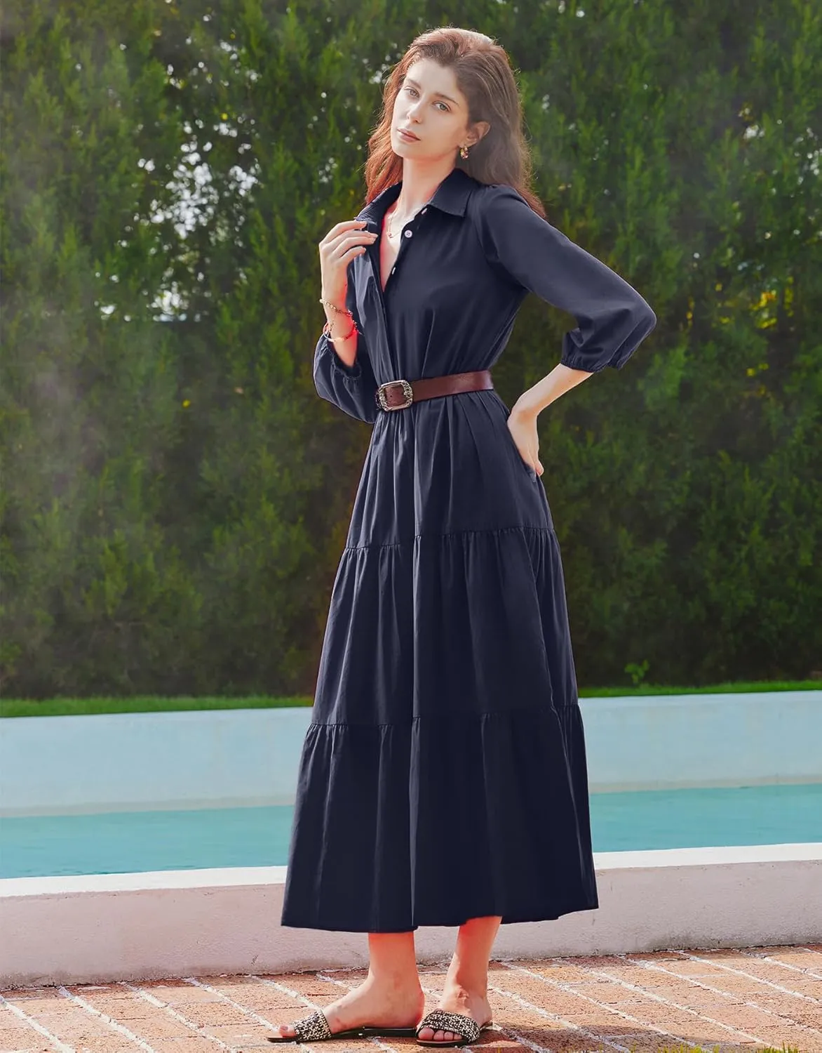 Women Flowy Maxi Shirt Dress Casual Button Down V Neck Ruffled Beach Long Dresses with Pockets