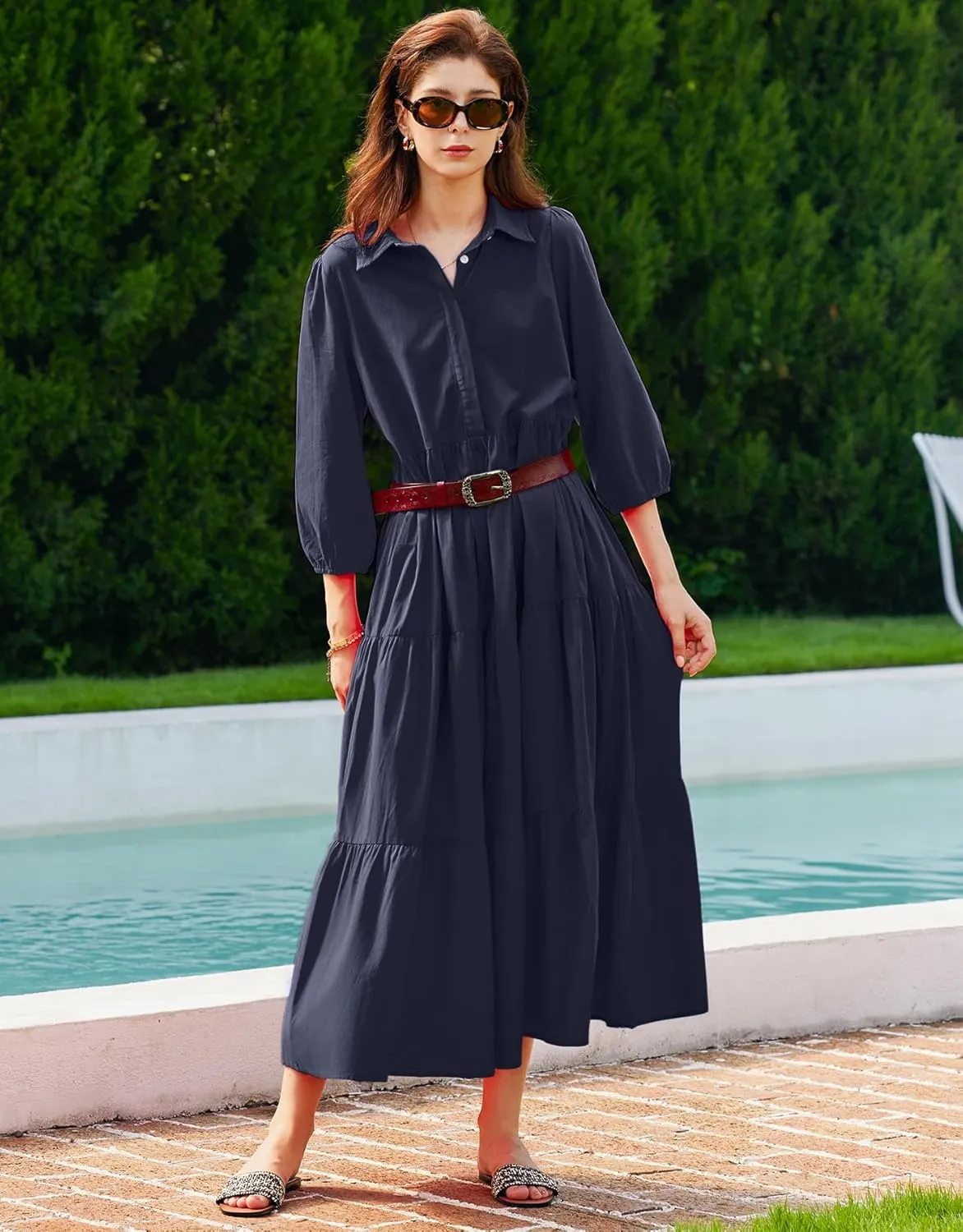 Women Flowy Maxi Shirt Dress Casual Button Down V Neck Ruffled Beach Long Dresses with Pockets