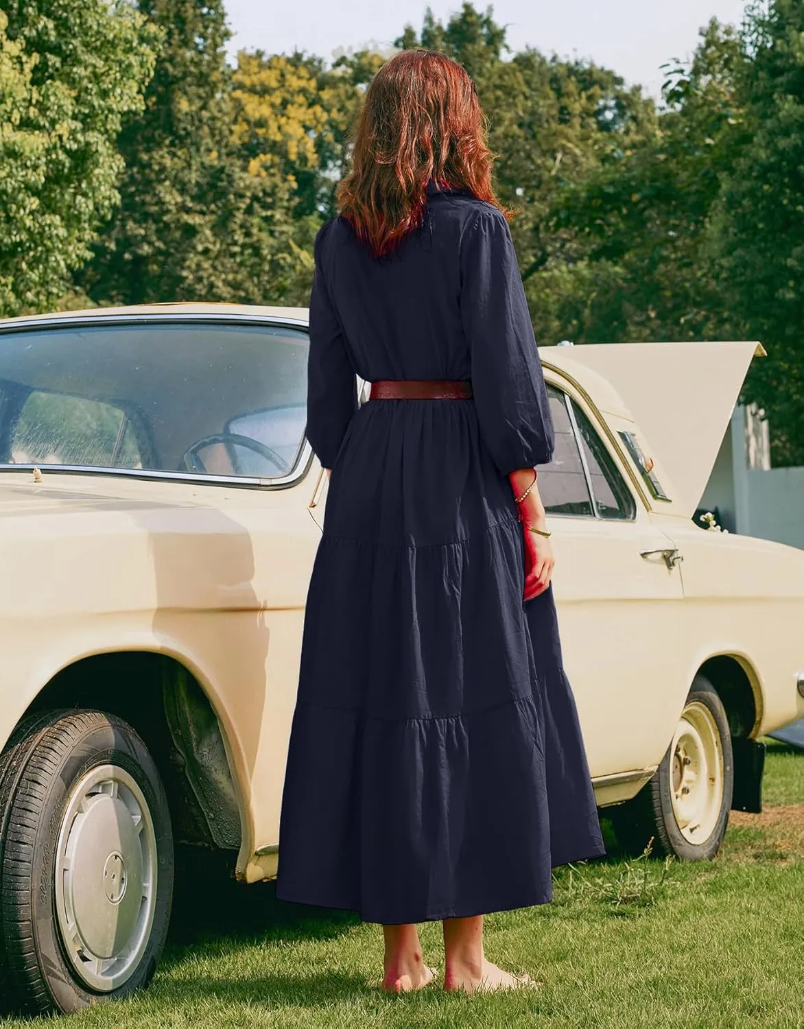 Women Flowy Maxi Shirt Dress Casual Button Down V Neck Ruffled Beach Long Dresses with Pockets