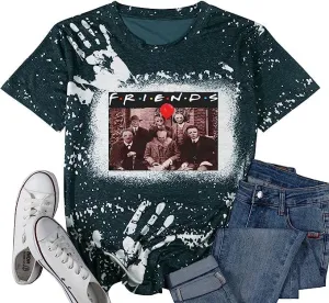 Women Halloween Horror Movies Shirt Vintage Bleached T Shirt Scary Graphic Tee Novelty Shirts Short Sleeve Top
