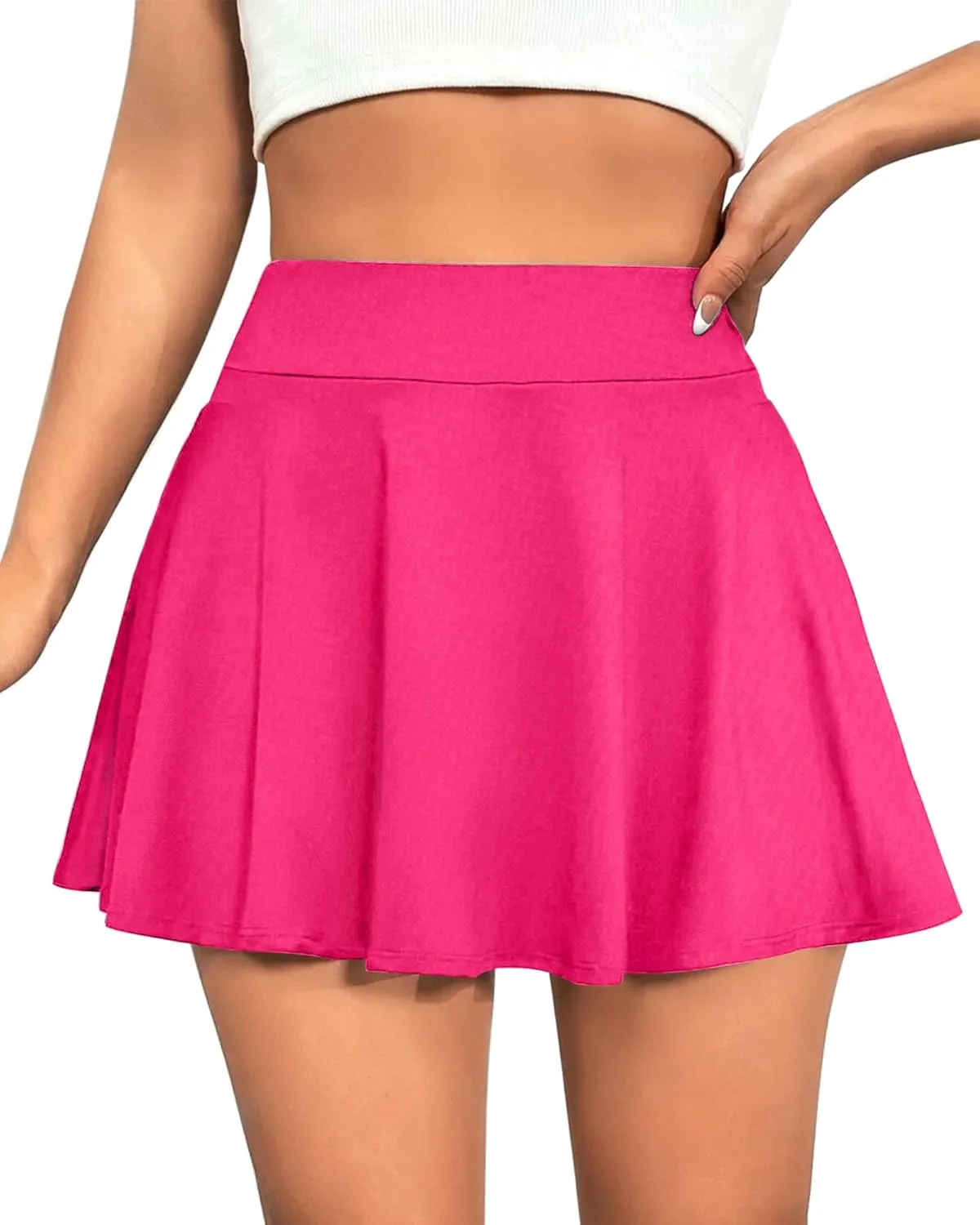 Women High Waist Flowy Basic Versatile Stretchy Flared Casual Pleated Mini Skirts with Lining Shorts
