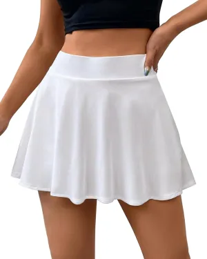 Women High Waist Flowy Basic Versatile Stretchy Flared Casual Pleated Mini Skirts with Lining Shorts