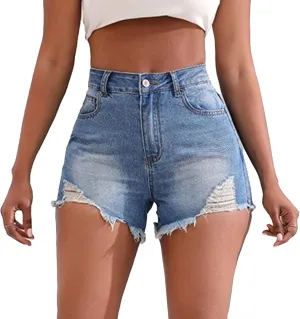 Women High Waisted Skinny Stretchy Denim Shorts Casual Summer Frayed Raw Hem Distressed Ripped Short Jeans