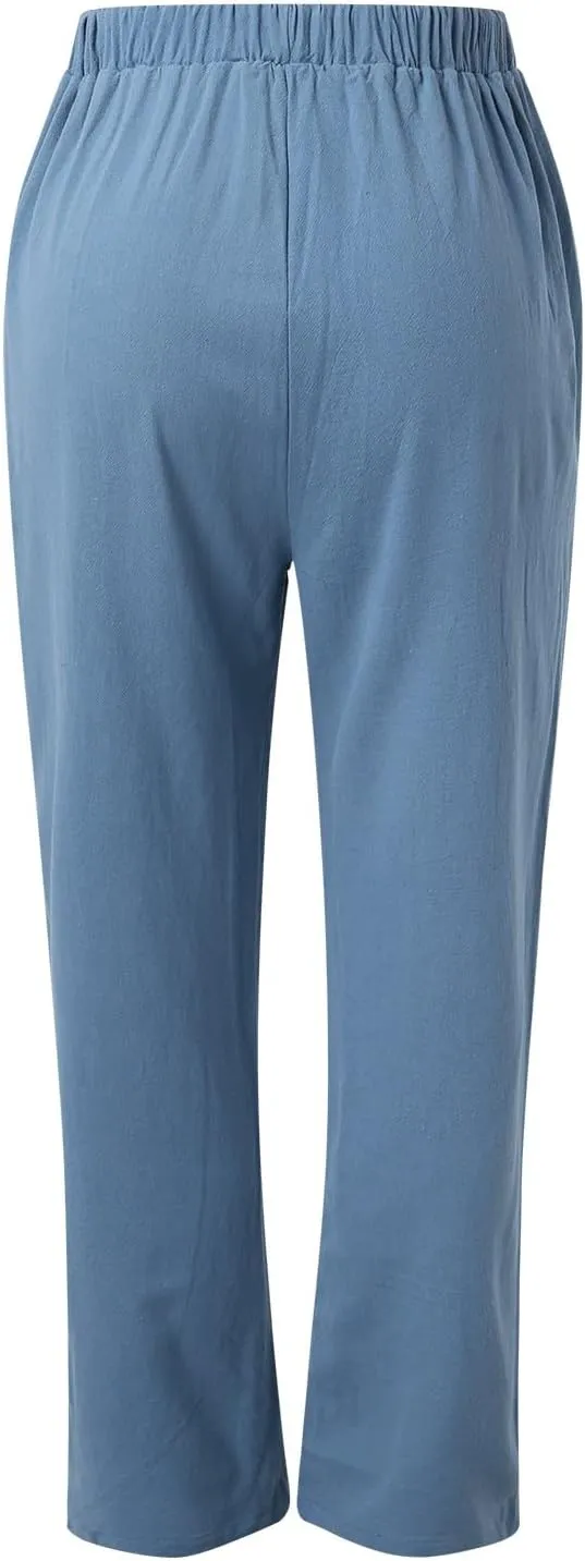 Women High Waisted Wide Leg Pants Fashion Drawstring Elastic Trousers Comfy Straight Leg Long Pants with Pockets