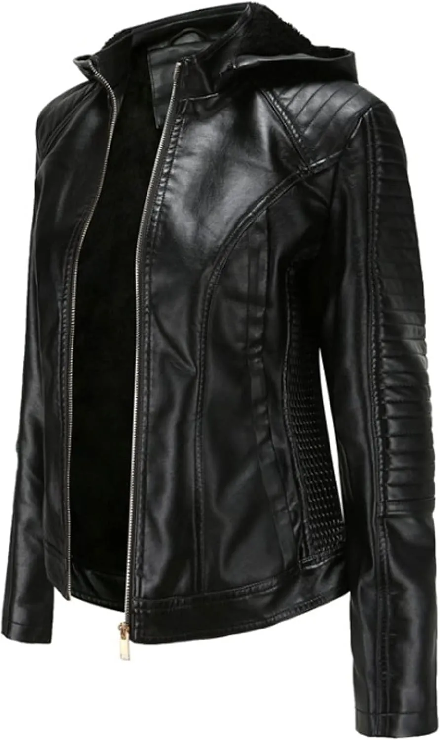 Women Jacket Autumn Winter Hooded Zipper Coat Women Thick Warm Faux Leather Jacket Lady Casual Moto Biker Outwear(XXXL)