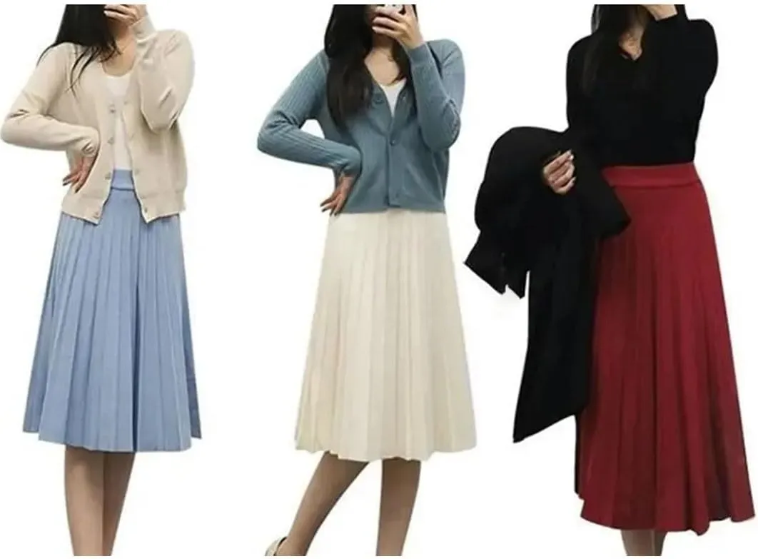 Women Knitted Midi Skirt A-Line High Waist Pleated Long Skirt