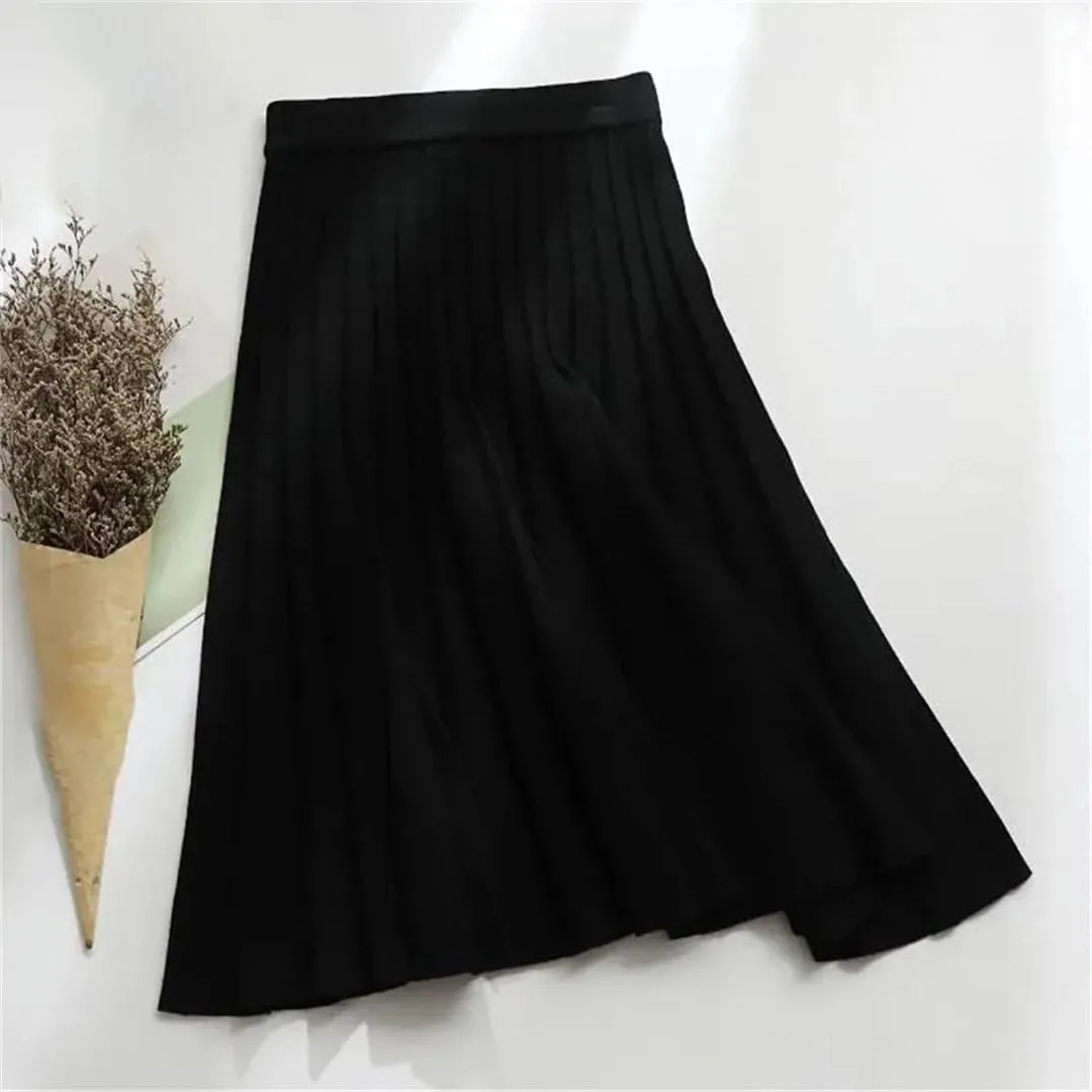 Women Knitted Midi Skirt A-Line High Waist Pleated Long Skirt
